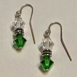 Green Peridot Clear Swarovski Crystal Bicone Silver Dangle Drop Earrings 1.25”